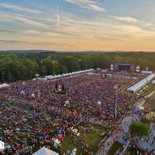 Drone photo from above an outdoor music festival